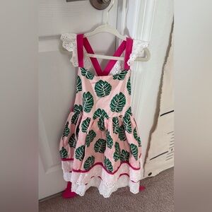 Pink and Green Leaf Print Dress with Lace Sleeves